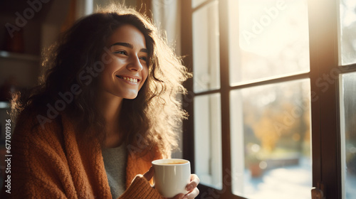 A joyful young woman enjoying a cup of coffee at home and laughing in an autumn day.