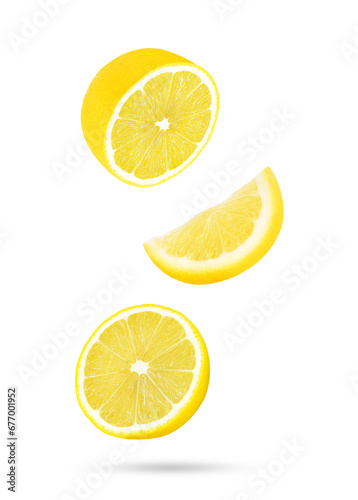 Slices of fresh lemon fruit falling in the air isolated on transparent background. PNG