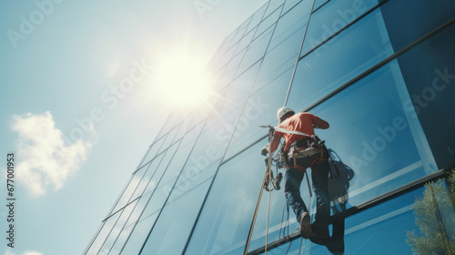 A Professional climber rope access worker cleaning glass in tall building.
