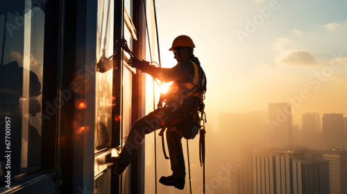 A Professional climber rope access worker cleaning glass in tall building. photo