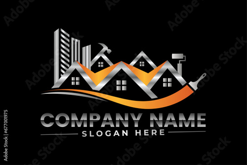 High quality colorful home repair, roofing, remodeling, handyman, home renovation, decor logo	