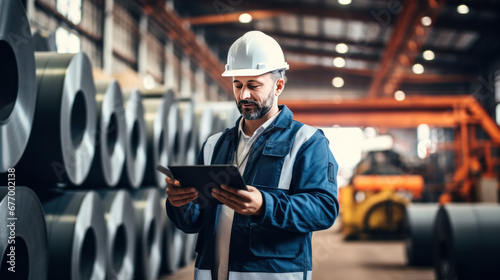 Engineer holding an iPad to inspect the Rolls of galvanized steel sheet inside the factory or warehouse. photo