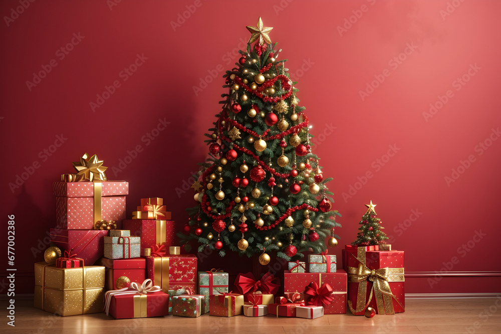 Photo of a Christmas tree with gifts around it with a red theme
