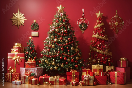 Photo of a Christmas tree with gifts around it with a red theme