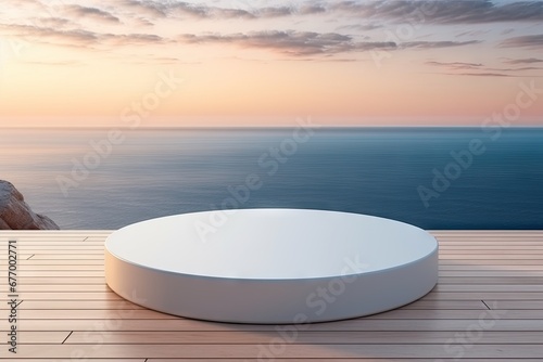 White podium stage on the wooden deck with sea salt beach and dawn twilight golden hour sky background.