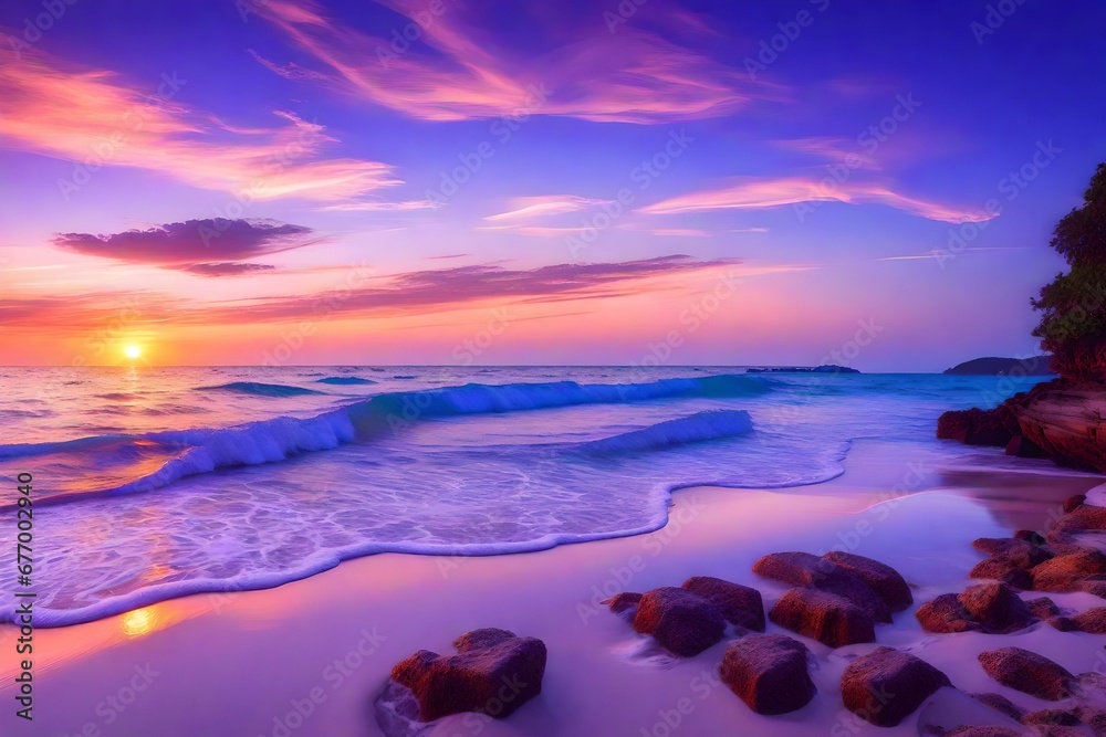 Nature in twilight period which including of sunrise over the sea and the nice beach. Summer beach with blue water and purple sky at the sunset 