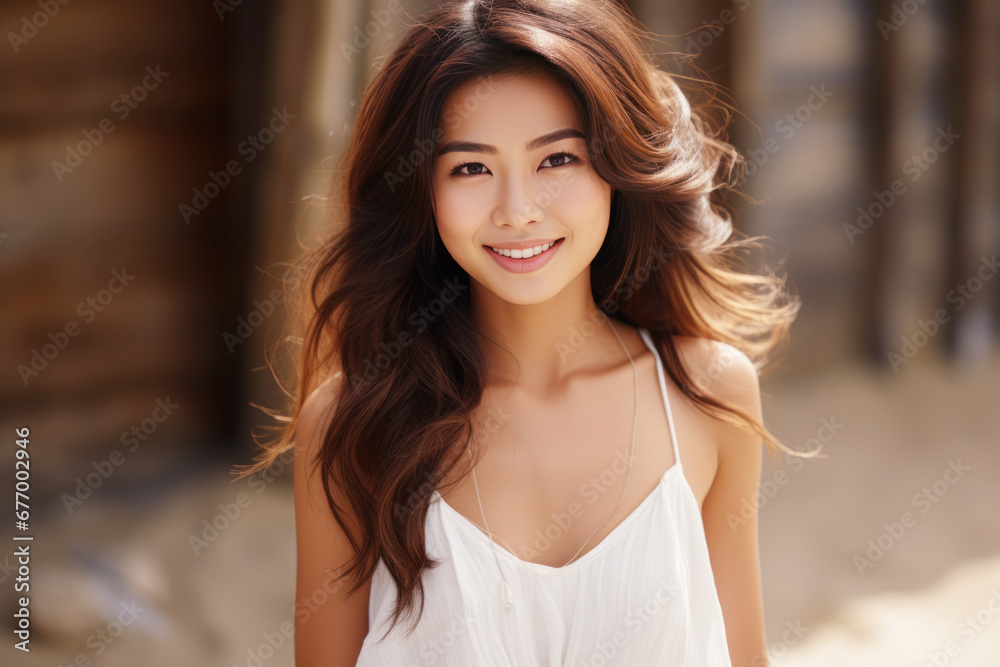 Fototapeta premium Asian woman model wearing a white sundress in the garden