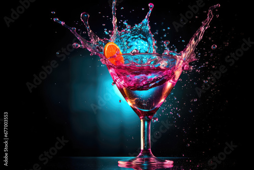 cocktail in glass with splashes,Cocktail Glass with splashing water alcohol, Crystal Cocktail drink splatter splash in air and bubble from glass.