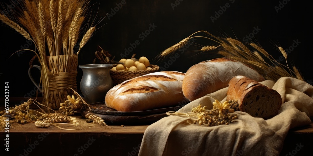 a set of wheat breads on a table, in the style of realistic still life with dramatic lighting, generative AI