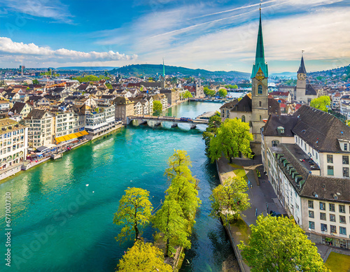 Aerial view of Zürich city center with river Limmat, Switzerland photo