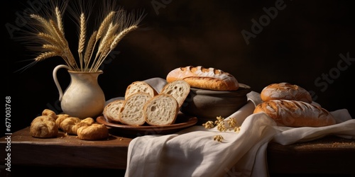 a set of wheat breads on a table, in the style of realistic still life with dramatic lighting, generative AI