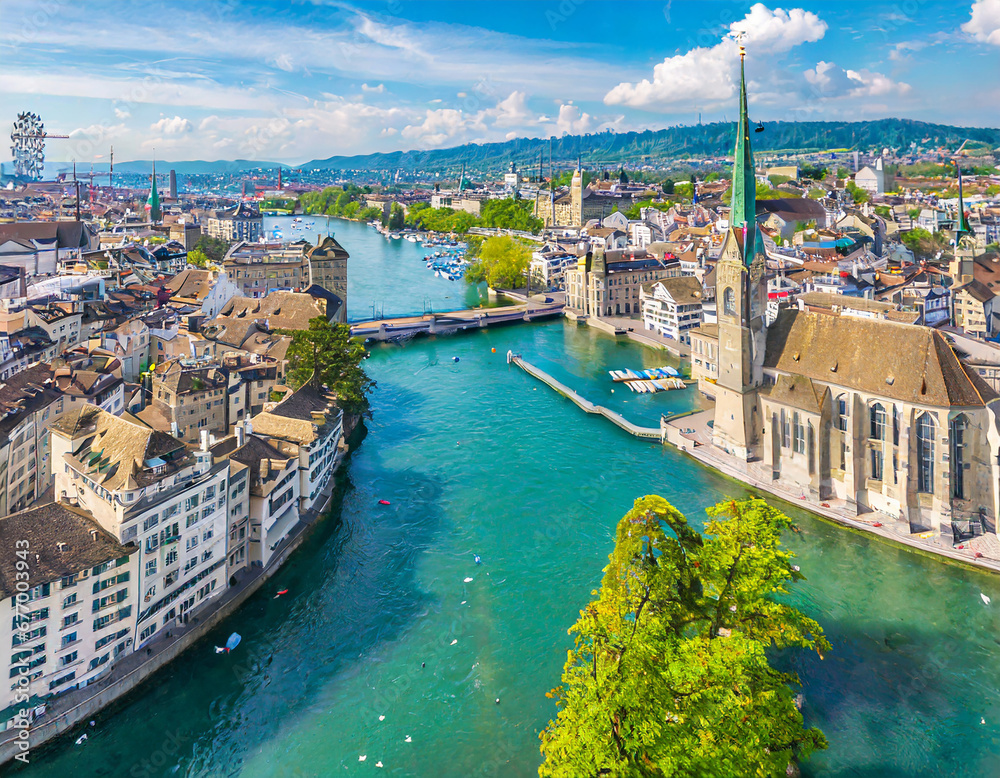 Aerial view of Zürich city center with river Limmat, Switzerland