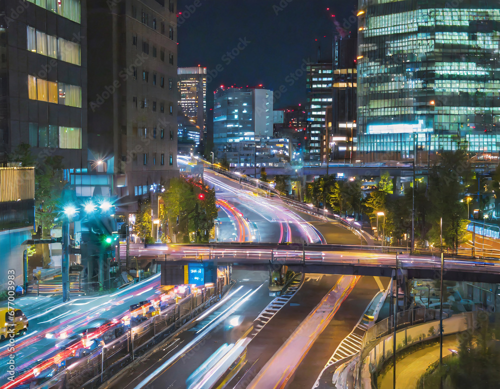 A night timelapse of traffic jam at the bus rotary of the downtown in Tokyo wide