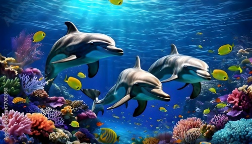 scene with fishes dolphins and fish under the sea