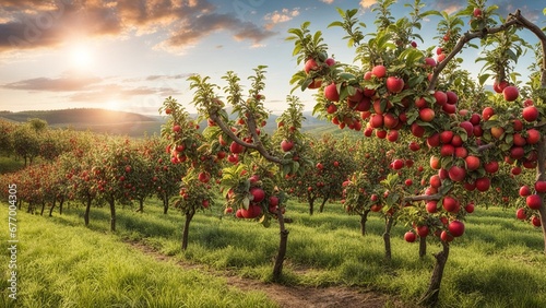 An orchard filled with apple trees, each laden with ripe, red fruit. © AI ARTS