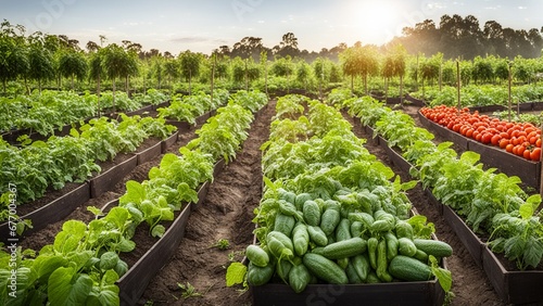 A thriving vegetable garden, with rows of tomatoes, peppers, and cucumbers under the midday sun. © AI By Ibraheem