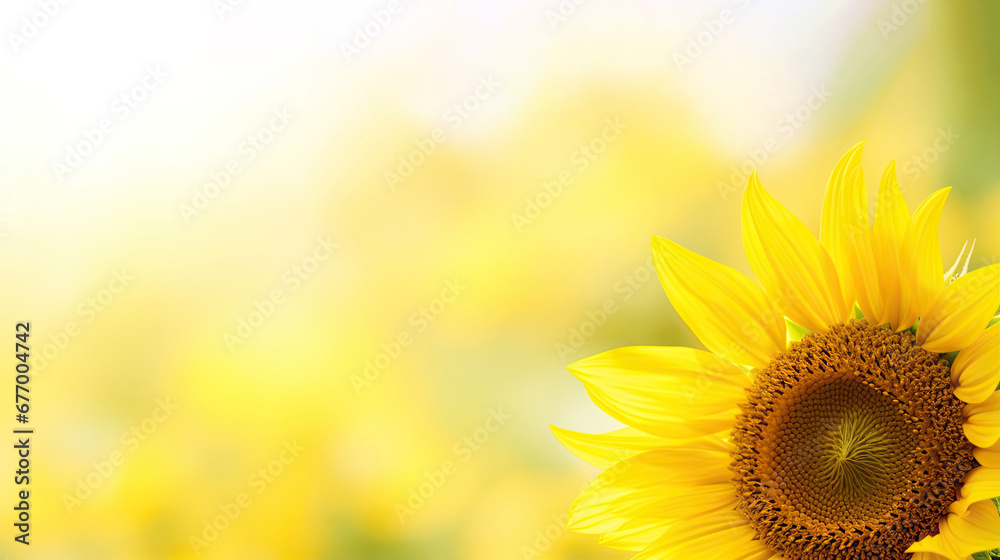 Obraz premium Sunflowers on a yellow background. Copy space. Top view