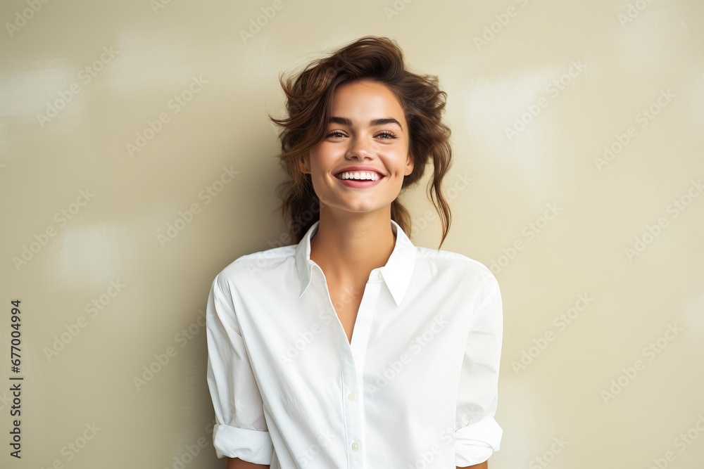 photo of a young woman wearing a white shirt and smiling looking at the camera, one color background, generative ai photo of a young woman wearing a white shirt and smiling looking at the camera, one color background, generative ai