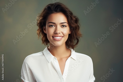 photo of a young woman wearing a white shirt and smiling looking at the camera, one color background, generative ai © Nia™
