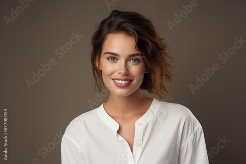 photo of a young woman wearing a white shirt and smiling looking at the camera, one color background, generative ai