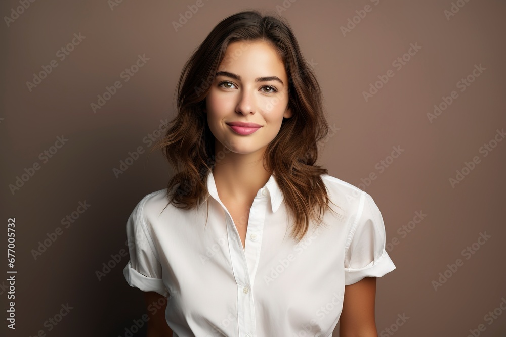 photo of a young woman wearing a white shirt and smiling looking at the camera, one color background, generative ai photo of a young woman wearing a white shirt and smiling looking at the camera, one color background, generative ai