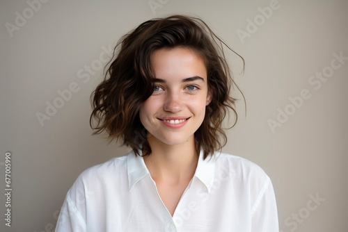photo of a young woman wearing a white shirt and smiling looking at the camera  one color background  generative ai