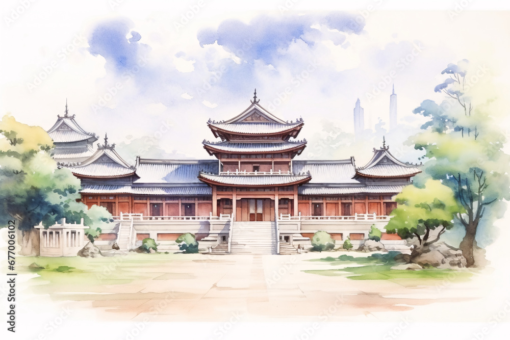 Retro Chinese style historical building illustration, traditional ancient building landmark cultural concept illustration