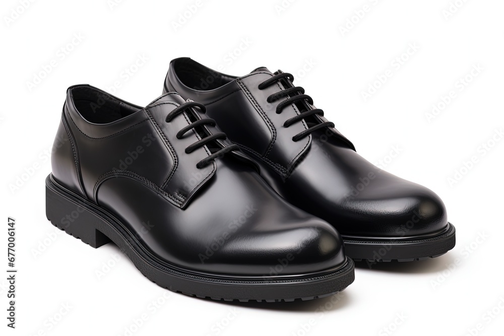 Black leather combat shoes isolated on a white background with a clipping path are shiny and polished Black leather combat shoes isolated on a white background with a clipping path are shiny and polished