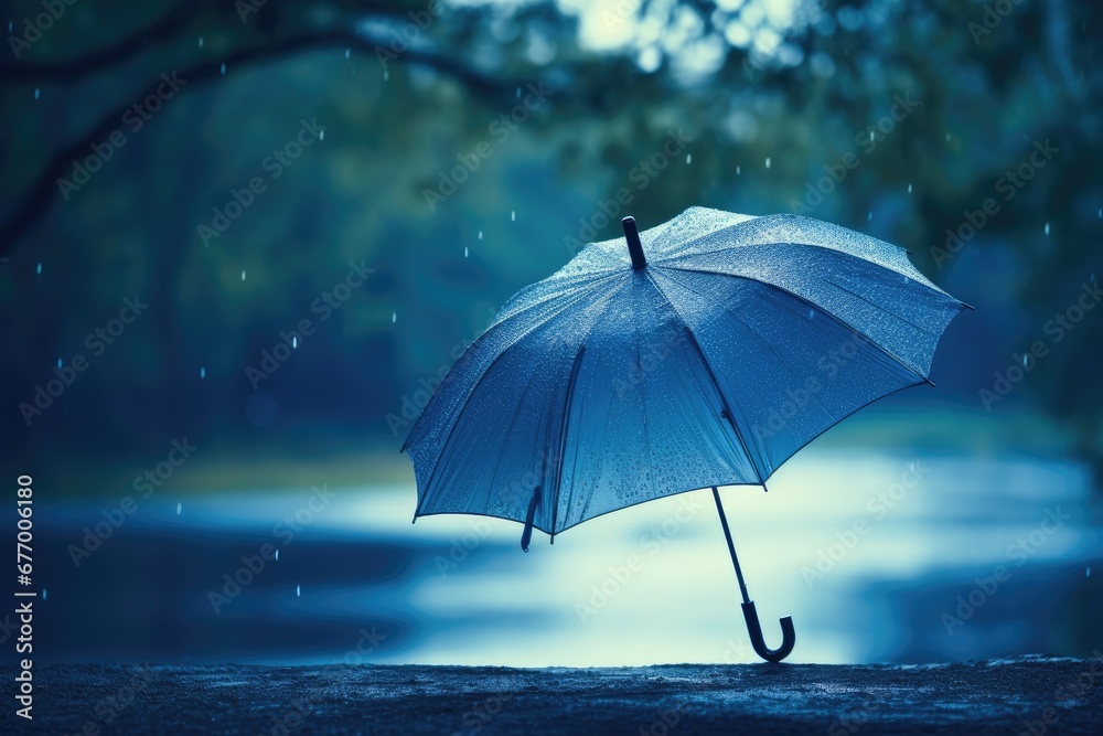 Blue umbrella in heavy rain against nature backdrop Concept of rainy weather