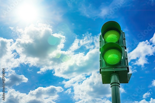 Beautiful blue sky in the background behind a green traffic light photo
