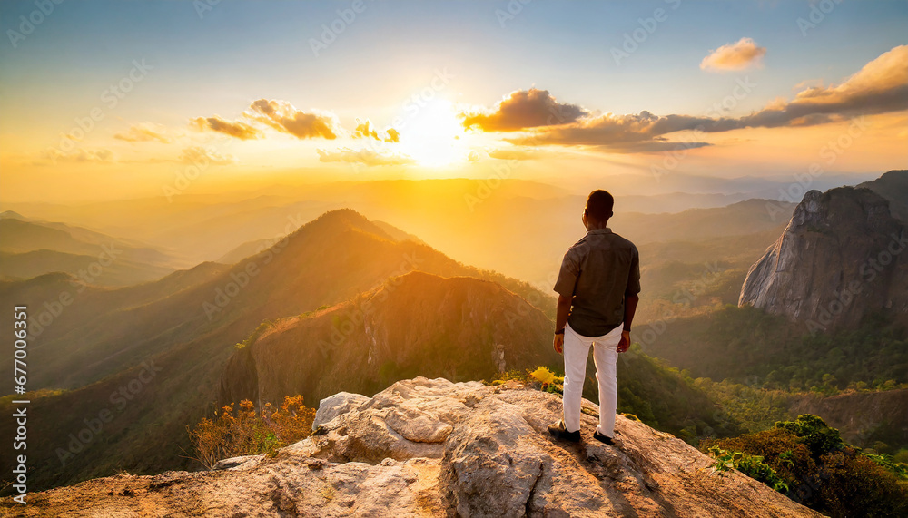 Picture from the back of a man standing on the peak of high mountain cliff. There are a lot of rock with white color. The sun is setting on the mountain and there is a beautiful warm orange light