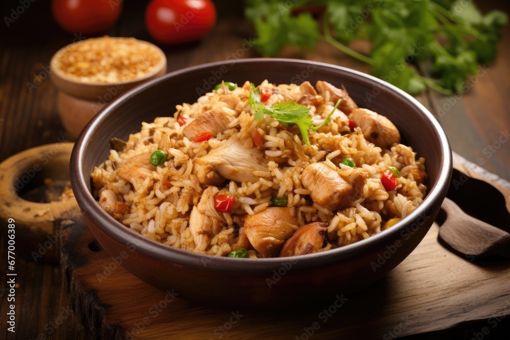 Chicken fried rice served in a wok with a wooden background from a bird s eye view Chicken fried rice served in a wok with a wooden background from a bird s eye view