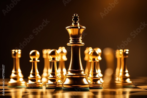 Chess pieces on the board golden dim light idea of chess games and strategy