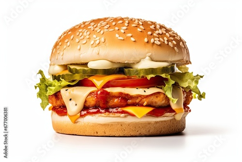 Chicken burger with ketchup cheese mayo on white background photo