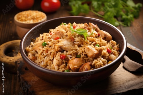 Chicken fried rice served in a wok with a wooden background from a bird s eye view