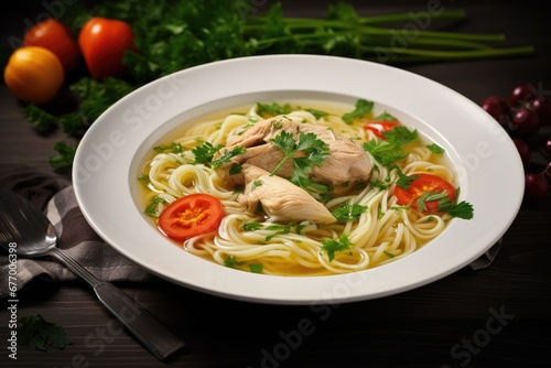 Chicken noodle soup with veggies and parsley on a white plate against a gray backdrop