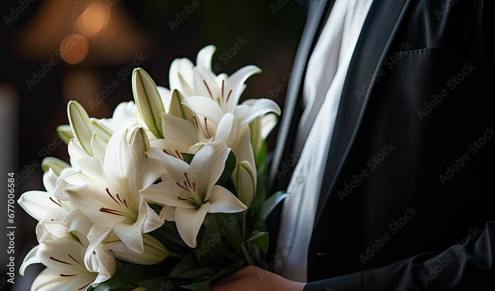 Closeup of a young man with white lilies by a casket at a funeral home - obrazy, fototapety, plakaty 