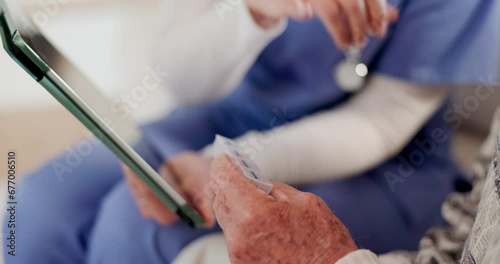 Tablet, senior hands and medicine for nurse instructions to patient, healthcare and retirement on sofa. Caregiver, elderly person and pills with technology, trust support and chronic disease care photo