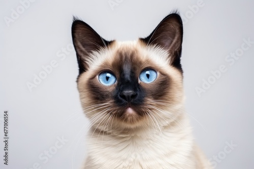 Close up portrait of a Siamese adult cat with captivating blue eyes Young kitten on a white background Providing medical care for domestic animals and f
