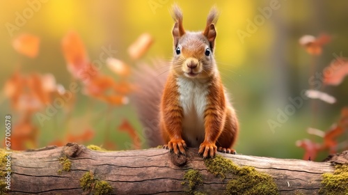 Red squirrel sitting on a tree trunk in the autumn forest and looking at the camera photo