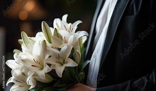 Closeup of a young man with white lilies by a casket at a funeral home photo