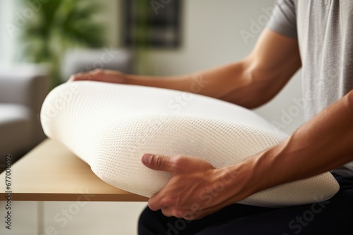 Closeup of man indoors with memory foam pillow for orthopedic support photo