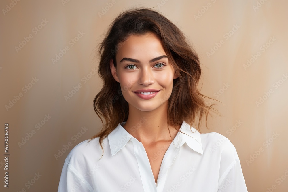 photo of a young woman wearing a white shirt and smiling looking at the camera, one color background, generative ai photo of a young woman wearing a white shirt and smiling looking at the camera, one color background, generative ai