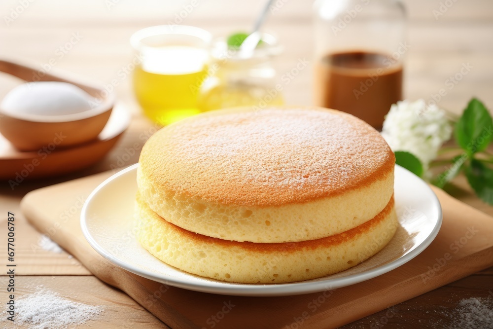 Delicious homemade sponge or chiffon cake with eggs flour and milk served on a white plate amidst a wooden table Homemade bakery concept as background Delicious homemade sponge or chiffon cake with eggs flour and milk served on a white plate amidst a wooden table Homemade bakery concept as background