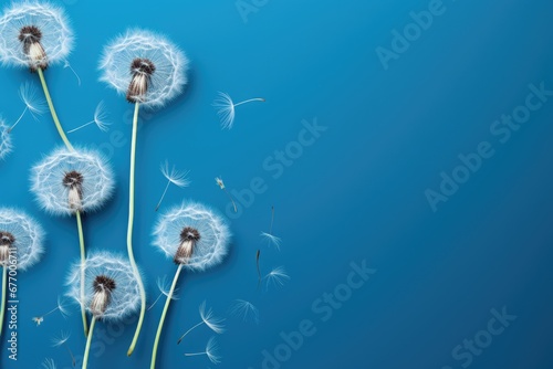 Dandelion seeds showcasing delicate traits on a blue backdrop