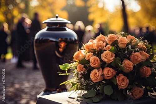 Decorated burial urn with ashes and flowers people mourn in background at sad farewell to the deceased photo