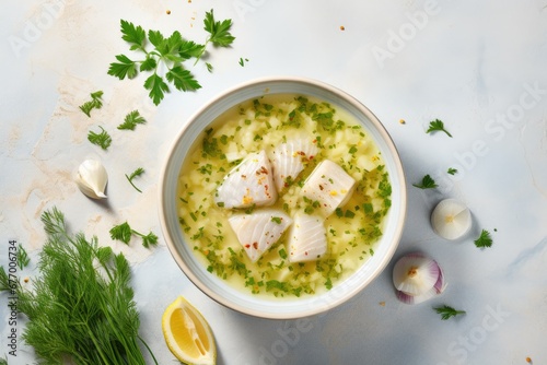 Delicious dietary lunch soup cod leek and rice broth on a marble background photo