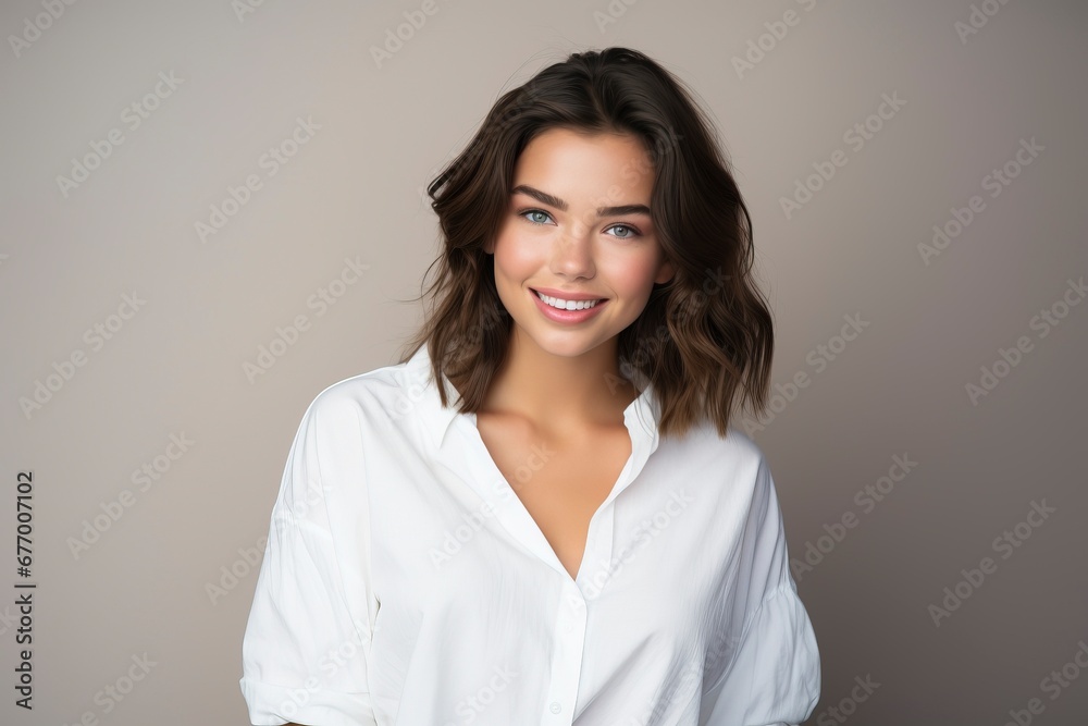 photo of a young woman wearing a white shirt and smiling looking at the camera, one color background, generative ai photo of a young woman wearing a white shirt and smiling looking at the camera, one color background, generative ai