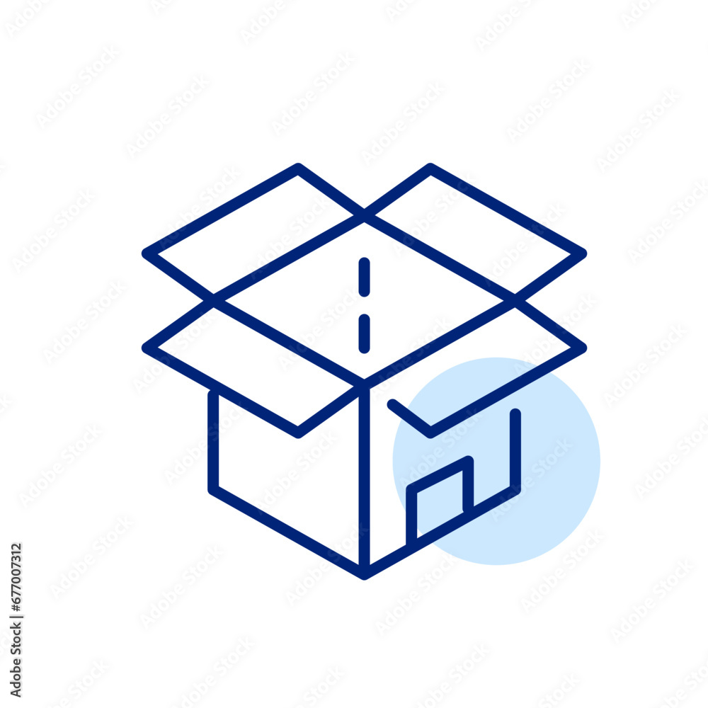 Open a parcel. Cardboard box in 3d. Container for shipping goods. Pixel perfect, editable stroke icon Open a parcel. Cardboard box in 3d. Container for shipping goods. Pixel perfect, editable stroke icon