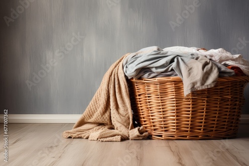Empty basket for writing indoors with dirty clothes on floor